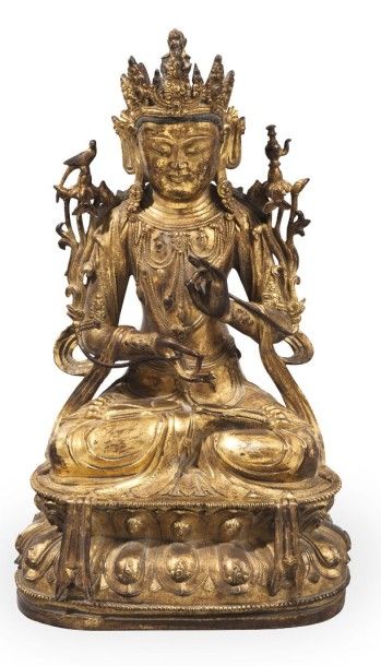null Sujet en bronze doré représentant Avalokiteshvara assis en Dhyanasana sur un...