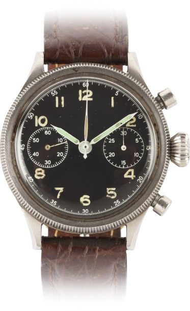 BREGUET «Type XX» vers 1955
Rare et beau chronographe bracelet en acier
Boîtier rond,...