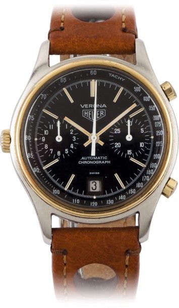 HEUER «Verona» n°378335 vers 1980
Chronographe bracelet en acier
Boîtier rond,lunette...