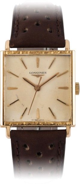 LONGINES N°69905/36 vers 1950
Montre bracelet en or rose 18K (750)
Boîtier carré.
Cadran...