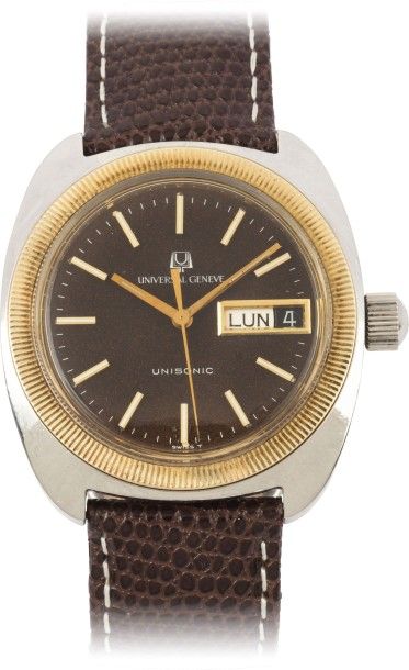 UNIVERSAL GENEVE «Unisonic» vers 1970
Montre bracelet en acier
Boîtier tonneau. Fond...