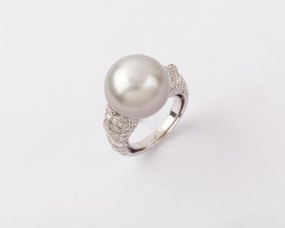 null REPOSSI - Bague en or gris sertie de diamants et ornée d’une importante perle...