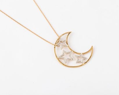 null Chaîne en or jaune et pendentif «croissant de lune» en or jaune et or gris ajourés...