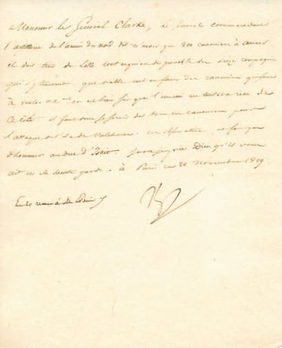 null Ile de Walcheren. Lettre signée Np., adressée au Général Clarke. 1/2 p. in-4,...