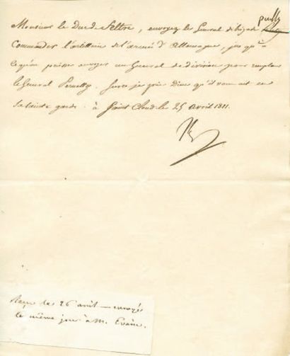 null Relative au Général Pully. Lettre signée Np., adressée au Duc de Feltre. 1/3...