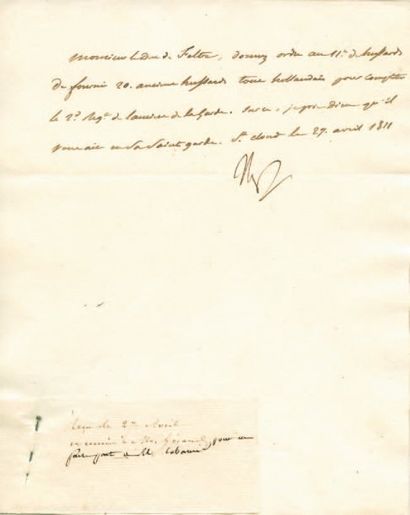 null Relative aux Hussards hollandais. Lettre signée Np., adressée au Duc de Feltre....