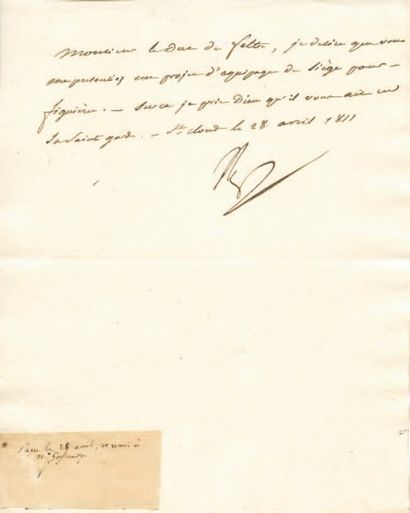 null Siège de Figuière. Lettre signée Np., adressée au Duc de Feltre. 1/4 p. in-4....