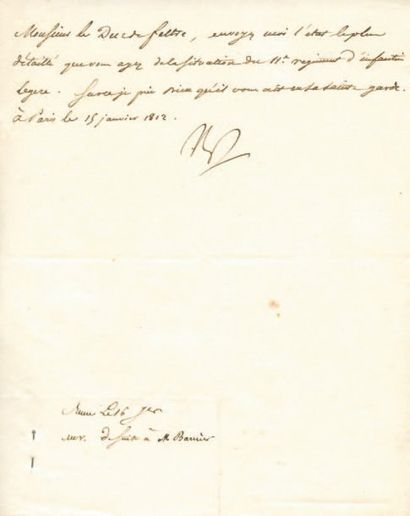 null Demande d'état détaillé du 11e régiment d'infanterie légère Lettre signée Np.,...