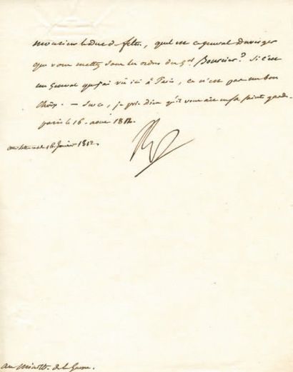 null Affectation du général Duverger sous les ordres du général Bourcier Lettre signée...