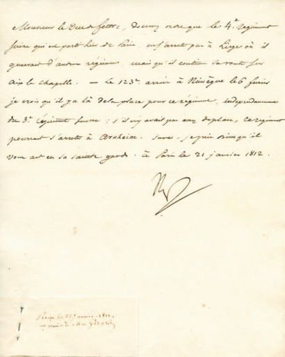 null Ordres de mouvement du 4e régiment suisse Lettre signée Np., adressée au Duc...