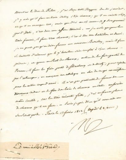 null Chevaux du train français et italien. Lettre signée Np., adressée au Duc de...