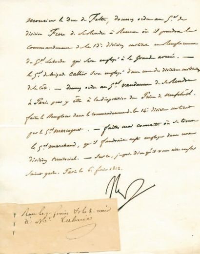 null Mouvement de Généraux. Lettre signée Np., adressée au Duc de Feltre. 3/4 p....
