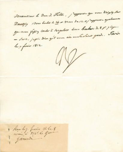 null Relative à Dantzig. Lettre signée Np., adressée au Duc de Feltre. 1/4 p. in-8,...