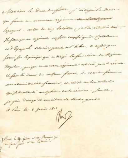 null Nouveau régiment espagnol. Lettre signée Np., adressée au Duc de Feltre. 2/3...