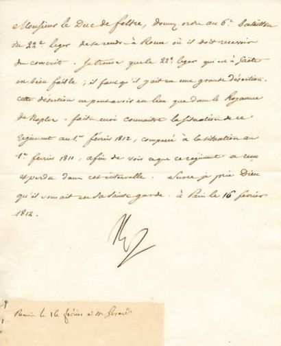 null Désertion dans le Royaume de Naples. Lettre signée Np., adressée au Duc de Feltre....