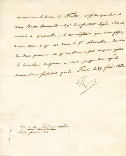 null 29ème d'infanterie légère. Lettre signée Np., adressée au Duc de Feltre. 1/2...
