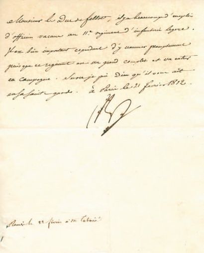 null 11e d'infanterie légère. Lettre signée Np., adressée au Duc de Feltre. 1/2 p....