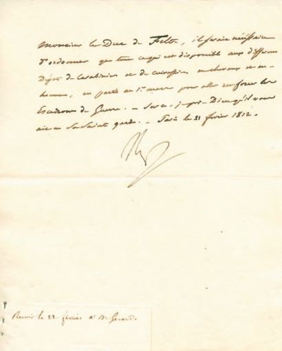 null Dépôts de carabiniers et de cuirassiers. Lettre signée Np., adressée au Duc...