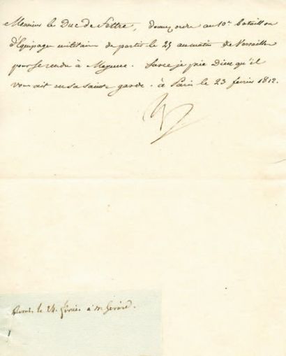 null 10ème d'équipage militaire. Lettre signée Np., adressée au Duc de Feltre. 1/4...
