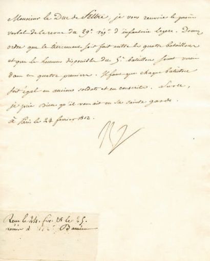 null 29e d'infanterie légère. Lettre signée Np., adressée au Duc de Feltre. 1/2 p....