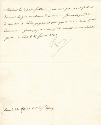 null Prix des chevaux d'artillerie. Lettre signée Np., adressée au Duc de Feltre....