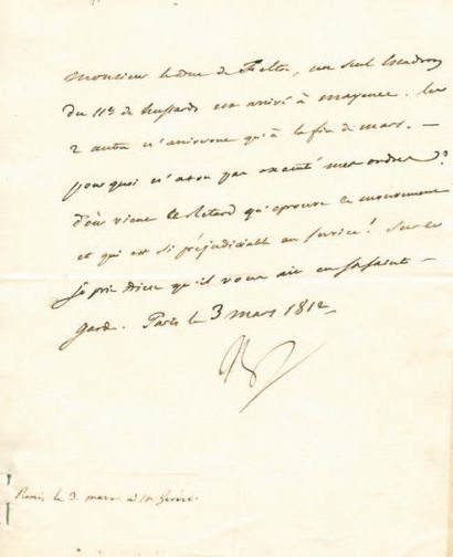 null Retard dans l'exécution des ordres. Lettre signée Np., adressée au Duc de Feltre....