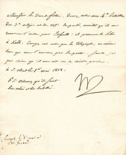 null Envoi de troupes à Erfurt. Lettre signée Np., adressée au Duc de Feltre. 1/2...