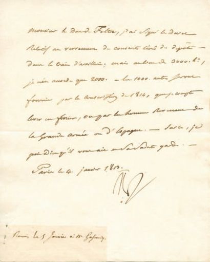null Relative à la conscription de 1814. Lettre signée Np., adressée au Duc de Feltre....