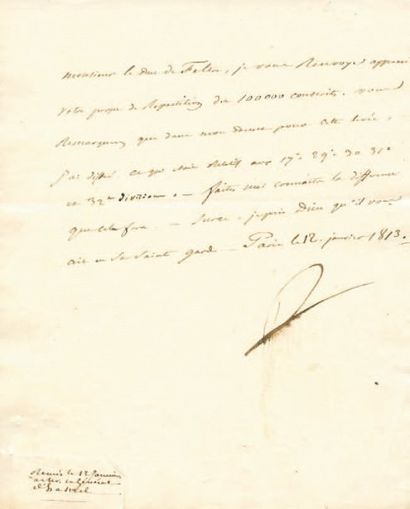 null Conscription de 100 000 hommes. Lettre signée Np., adressée au Duc de Feltre....