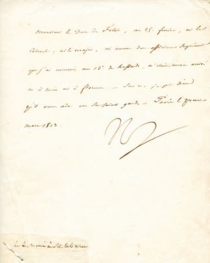 null Organisation de l'armée d'Italie. Lettre signée Np., adressée au Duc de Feltre....