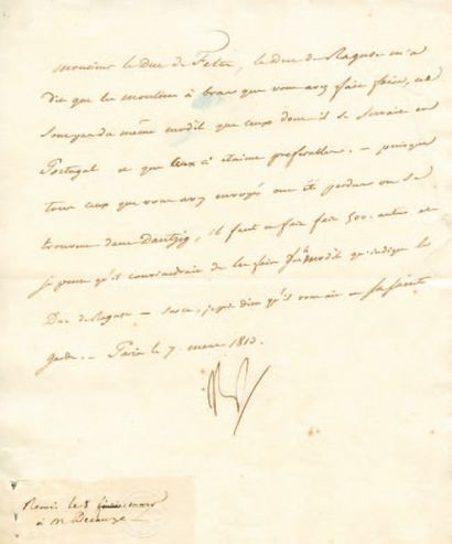 null Armement de Dantzig. Lettre signée Np., adressée au Duc de Feltre. 3/4 p. in-4....