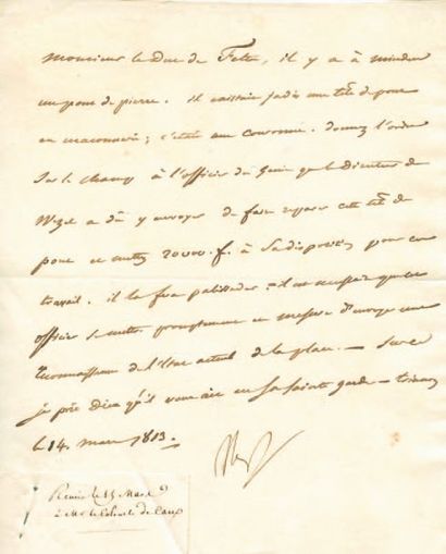 null Tête de pont de Minden. Lettre signée Np., adressée au Duc de Feltre. 1 p. in-4....