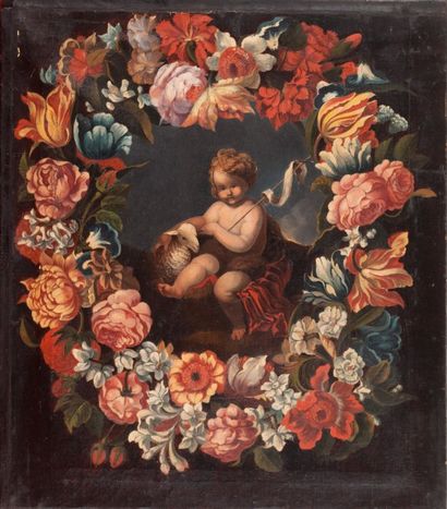 Ecole du XIXème siècle 

Saint Jean Baptiste à la couronne de fleur 

Huile sur toile

58...