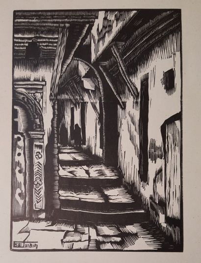 BELMAIN Emil Rue d’Alger.

Bois gravé (linoleum) signé en bas à droite. Circa 1938....