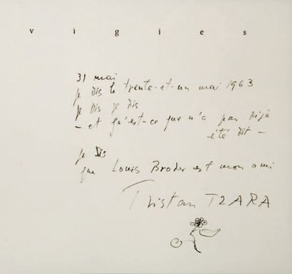 Tristan TZARA Vigies. Mot autographe signé, adressé à son ami Louis Broder, le 31...