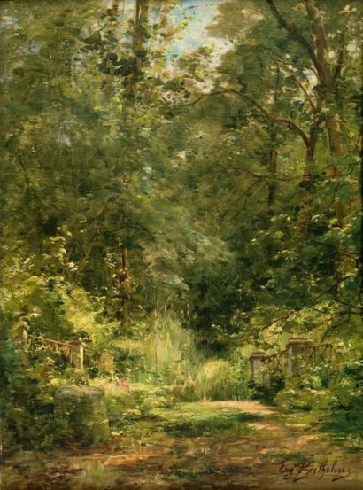 Eugène BERTHELON (1829-1924) Sous bois, Villeneuve l'Etang, Garches Huile sur panneau...