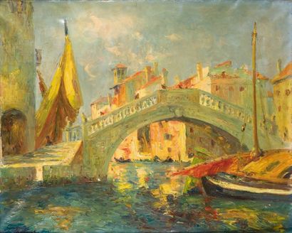 François NICOT (1873-1945) Ecole Belge Venise, le Pont du Rialto Huile sur toile...