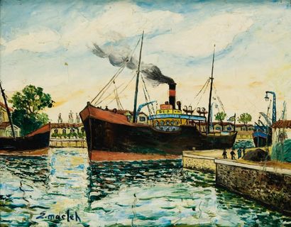 Elisée MACLET (1881-1962) Bateau à la sortie du port Huile sur toile signée en bas...