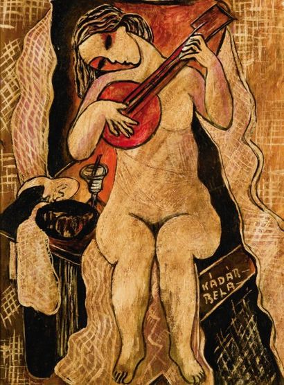 Béla KADAR (1877-1956) Femme assise jouant de la guitare Tempera sur papier 40 x...