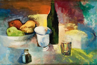 Jean DUFY (1888-1964) Nature morte aux fruits et à la bouteille Huile sur toile portant...