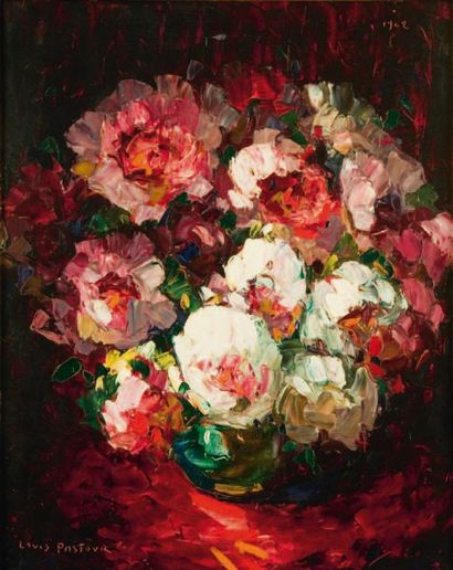 Louis PASTOUR (1876-1948) Bouquet d'anémones sur fond rouge Huile sur panneau signée...
