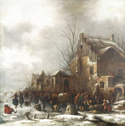 Klaes MOLENAER (Actif entre 1651 et 1676) Patineurs à l'entrée d'un village Toile....