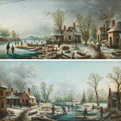 Albert Alexandre LENOIR (1801-1891) Paysage de Neige Paire d'huiles sur panneau,...