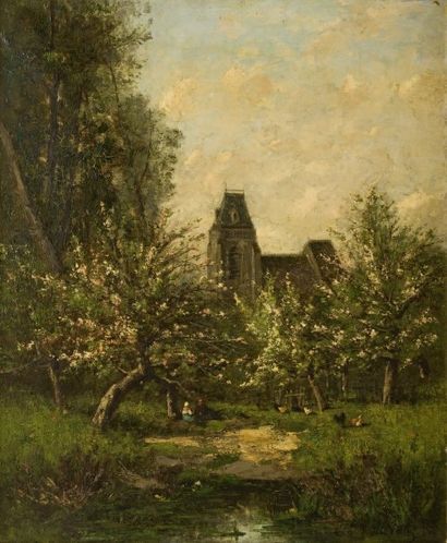 Etienne Maxime VALLEE (XIXème siècle) Eglise et arbre en fleurs Huile sur toile,...