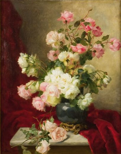 Madame DURY VASSELON Bouquet de roses Huile sur toile, signée en bas à gauche. 92...