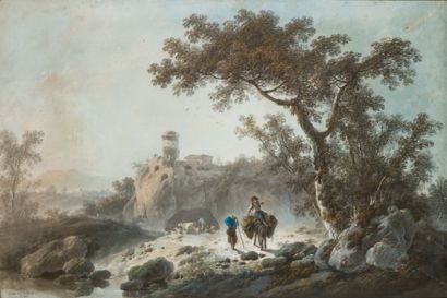 Jean PILLEMENT (Lyon 1728 - 1808) Bergers et leurs troupeaux dans un paysage Pastel...