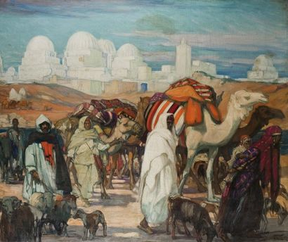 Jeanne THIL (1887-1968) Caravane devant la Mosquée des Sabres à Kairouan, Tunisie...
