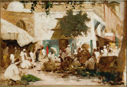 Georges LEMARE (1866-1942) Scène de marché, Tunisie Huile sur panneau, signée en...