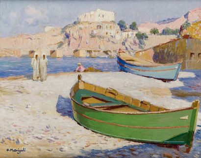 Olynthe MADRIGALI (1887-1950) Barques en bord de mer (Tunisie) Huile sur panneau,...
