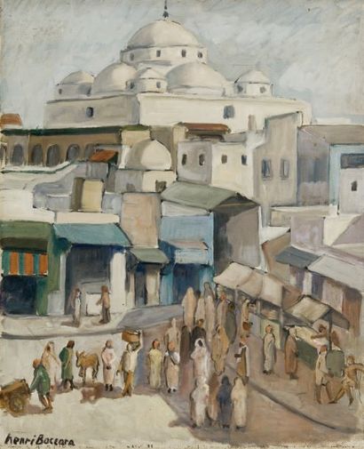 Henri BOCCARA (1910-1992) Place Sidi Marhez, Tunis Huile sur toile marouflée sur...